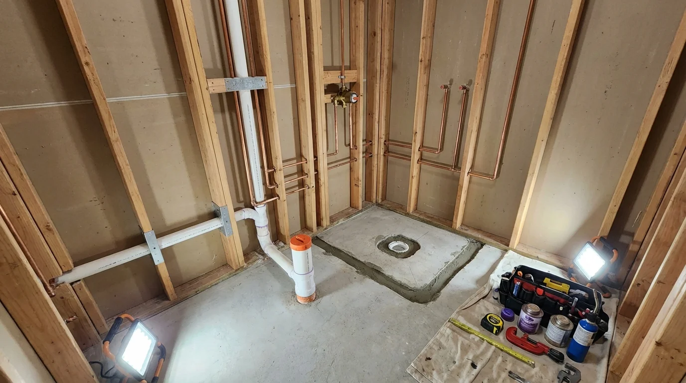 Bathroom rough-in plumbing during remodel by Johns Plumbing LLC in Hiram