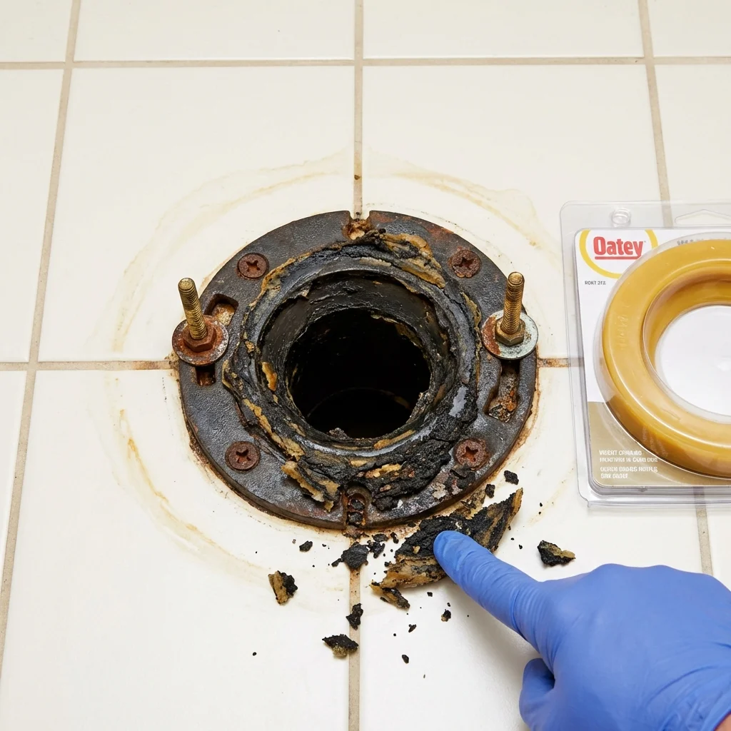 Failed wax ring showing water seepage at the base of a toilet in a Hiram, GA home
