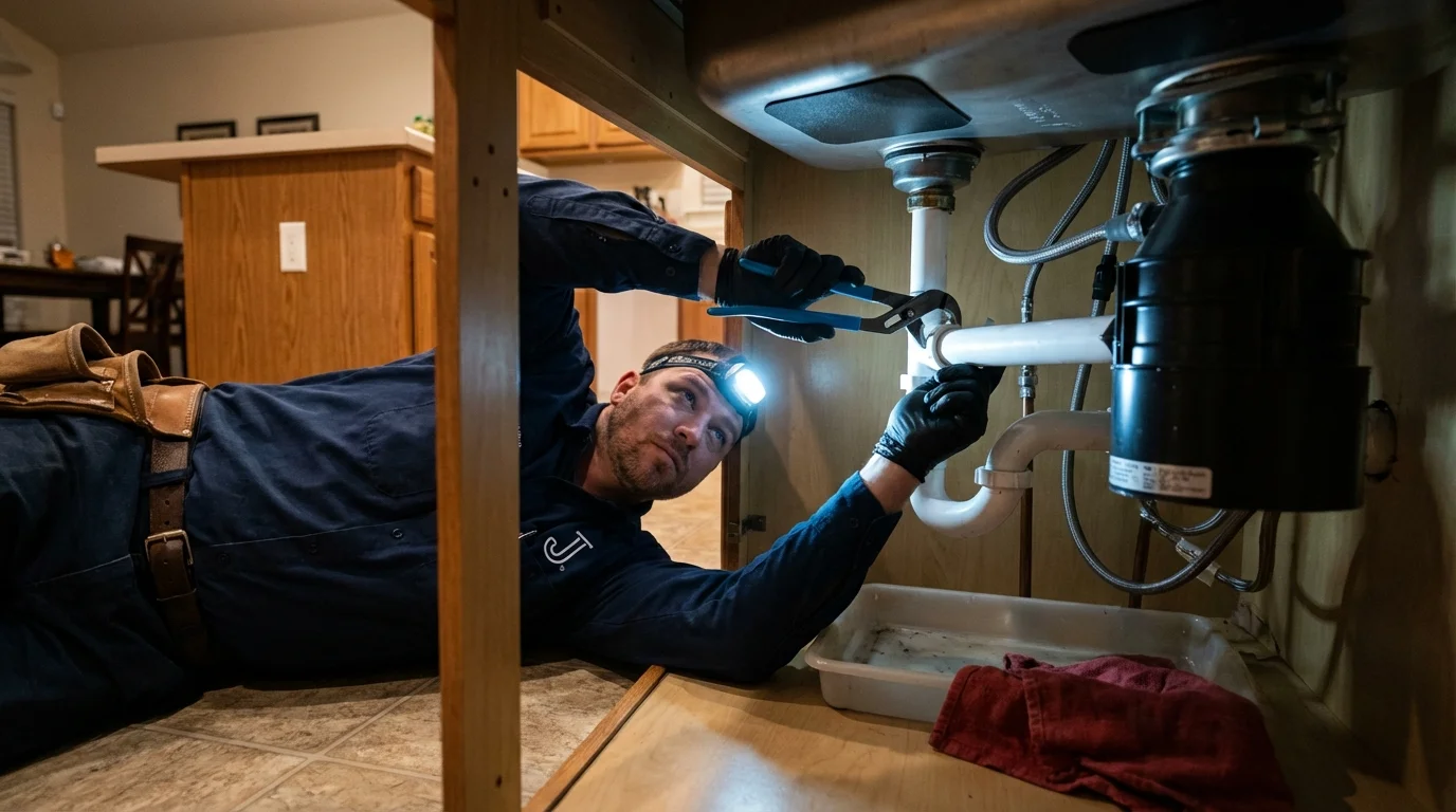 P-trap and supply line connections under a kitchen sink showing a common leak point in Hiram, GA